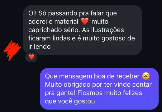 Mensagem de cliente: adorei o material, muito caprichado, as ilustrações ficaram lindas e é muito gostoso de ir lendo