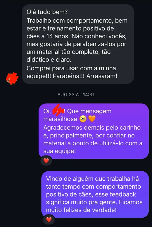 Mensagem de adestradora com 14 anos de experiência: material completo, didático e claro, comprei pra usar com a minha equipe