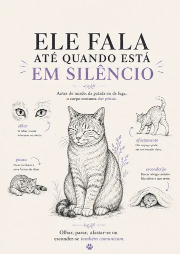 Página do guia mostrando como o olhar, a pausa, o afastamento e o esconderijo do gato comunicam antes de qualquer som