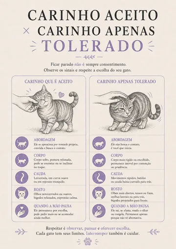 Página do guia comparando o carinho aceito e o carinho apenas tolerado pelo gato