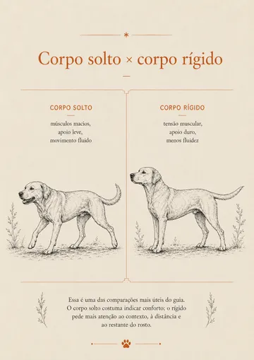 Página do guia comparando o corpo solto e o corpo rígido do cão lado a lado