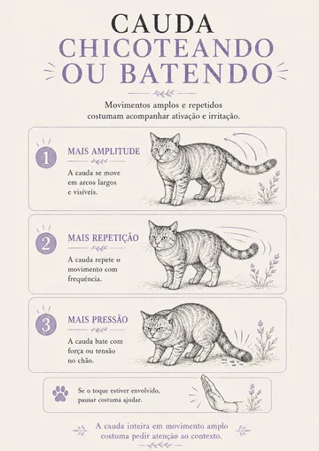 Página do guia mostrando os três níveis de intensidade da cauda chicoteando ou batendo no gato