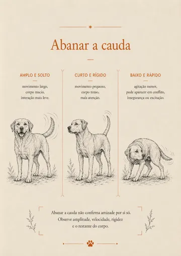 Página do guia comparando três formas de abanar a cauda: amplo e solto, curto e rígido, baixo e rápido